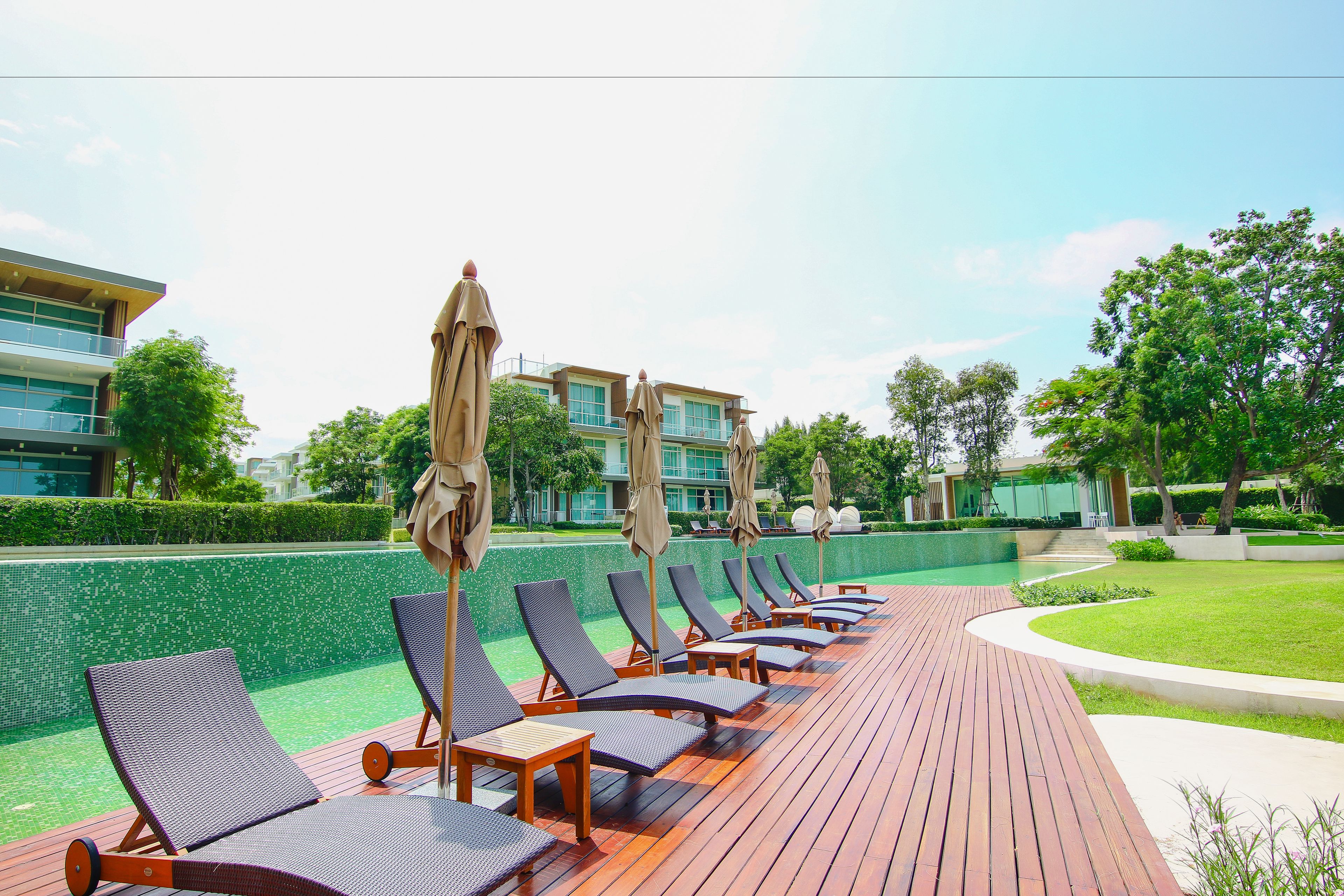 A row of sun loungers with umbrellas on a wooden deck, a swimming pool, and modern buildings in the background.