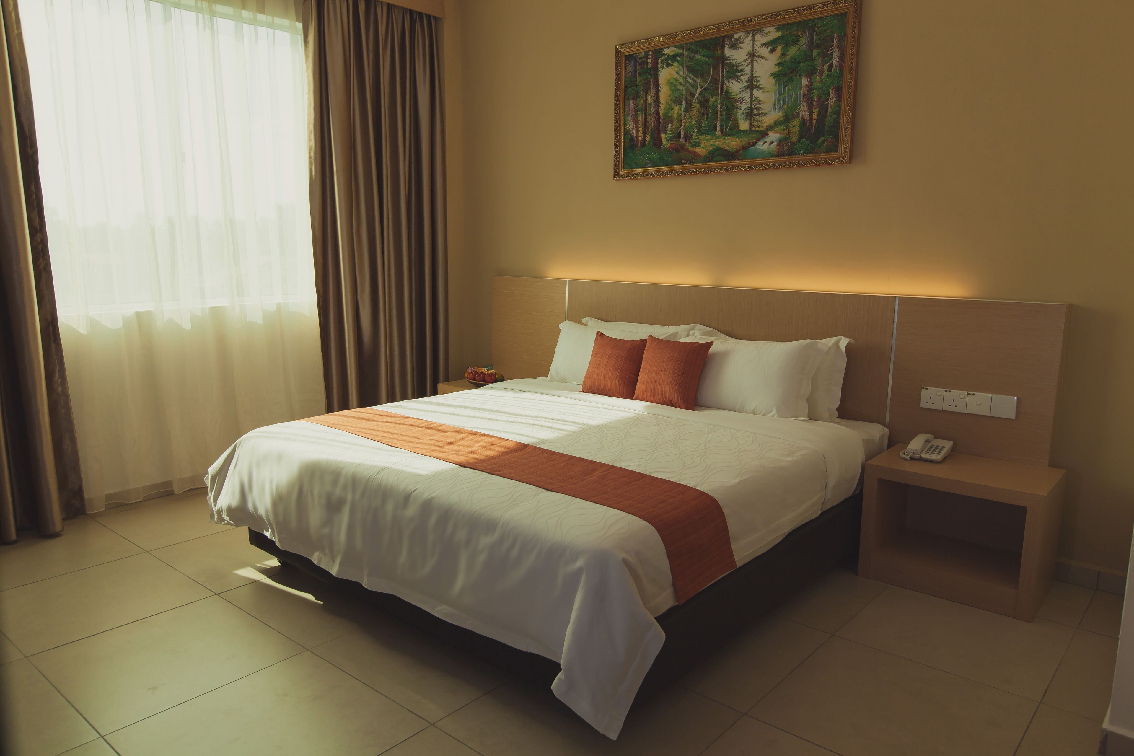 Habitación de hotel con una cama grande, una mesita de noche con un teléfono y un cuadro en la pared.