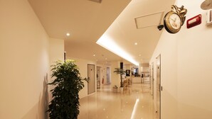 A modern hotel corridor with a polished floor, a large potted plant, and a wall-mounted clock. - Seoul Grand Hostel Ewha Univ. (Seoul)