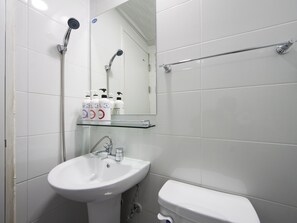 Kylpyhuone, jossa on valkoinen pesuallas, wc-istuin, suihku ja peili.