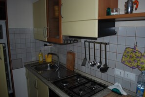 A kitchen with a gas stove, sink, and various utensils hanging on the wall. - Venice Ae Maschere (Venice)