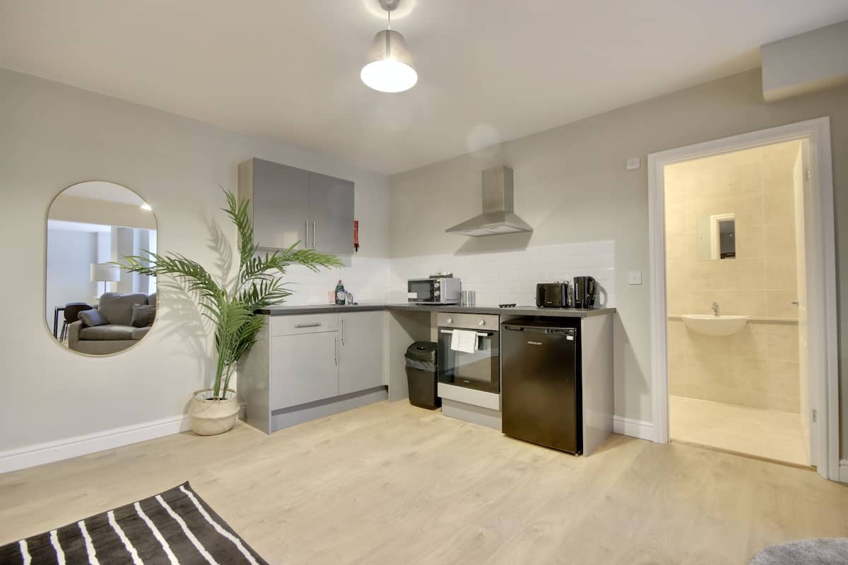 A modern kitchen with grey cabinets, a black dishwasher, and a microwave. There's a potted plant and a striped rug on the floor.