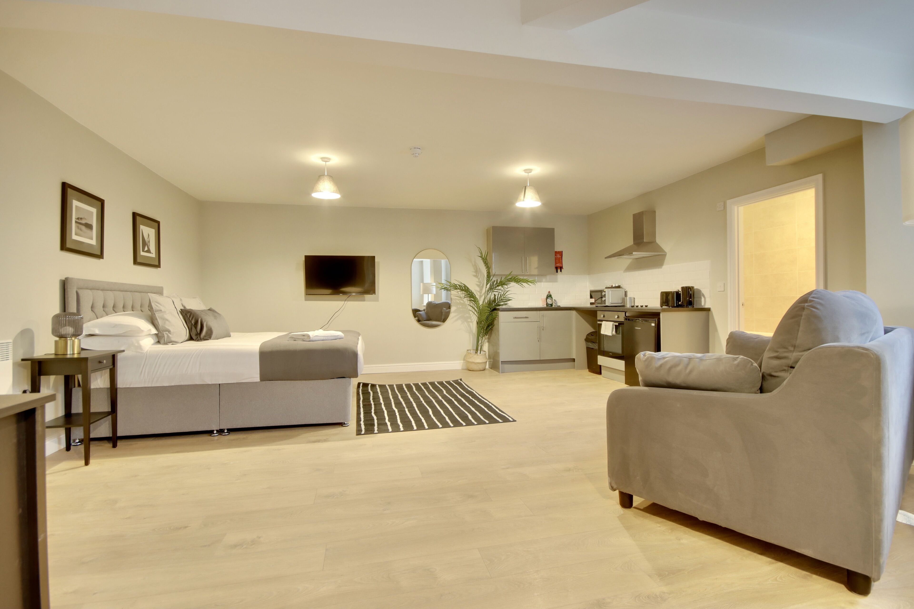 A modern living room with a sofa, a bed, a TV, and a kitchen area.