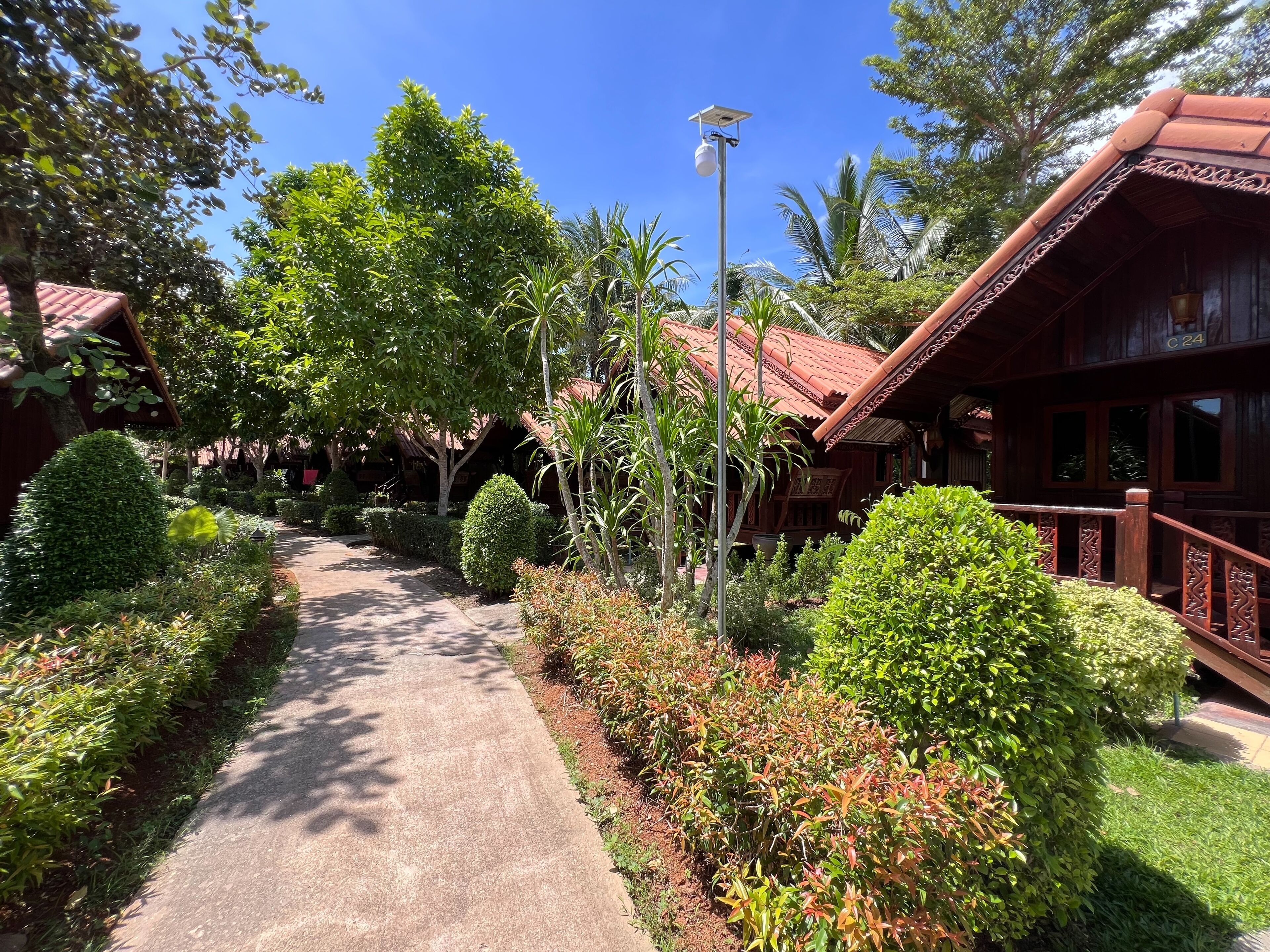 A pathway leading to a wooden building with a red roof, surrounded by lush greenery and palm trees.
