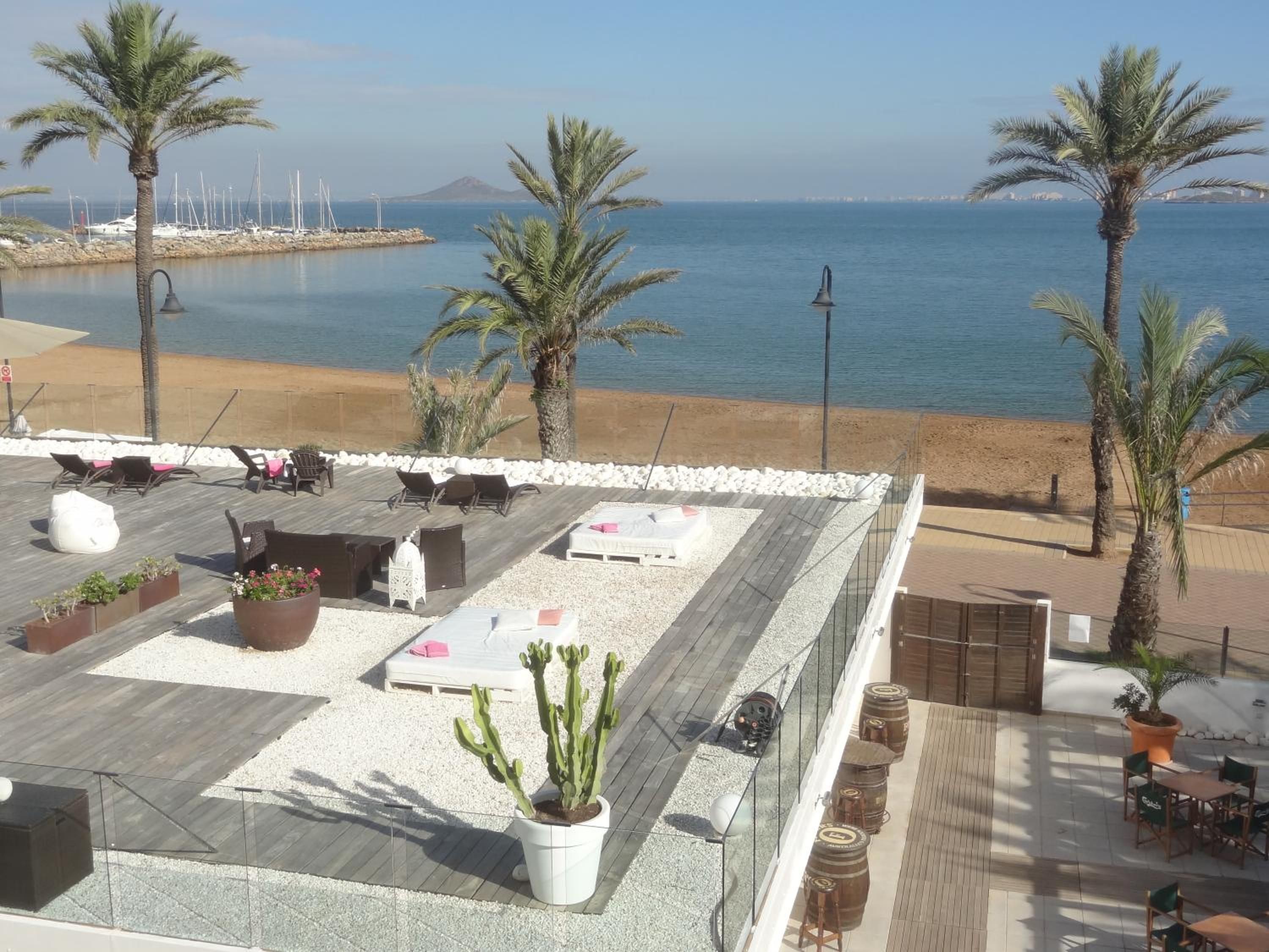 A rooftop terrace with seating, a cactus plant, and a view of the sea and beach.