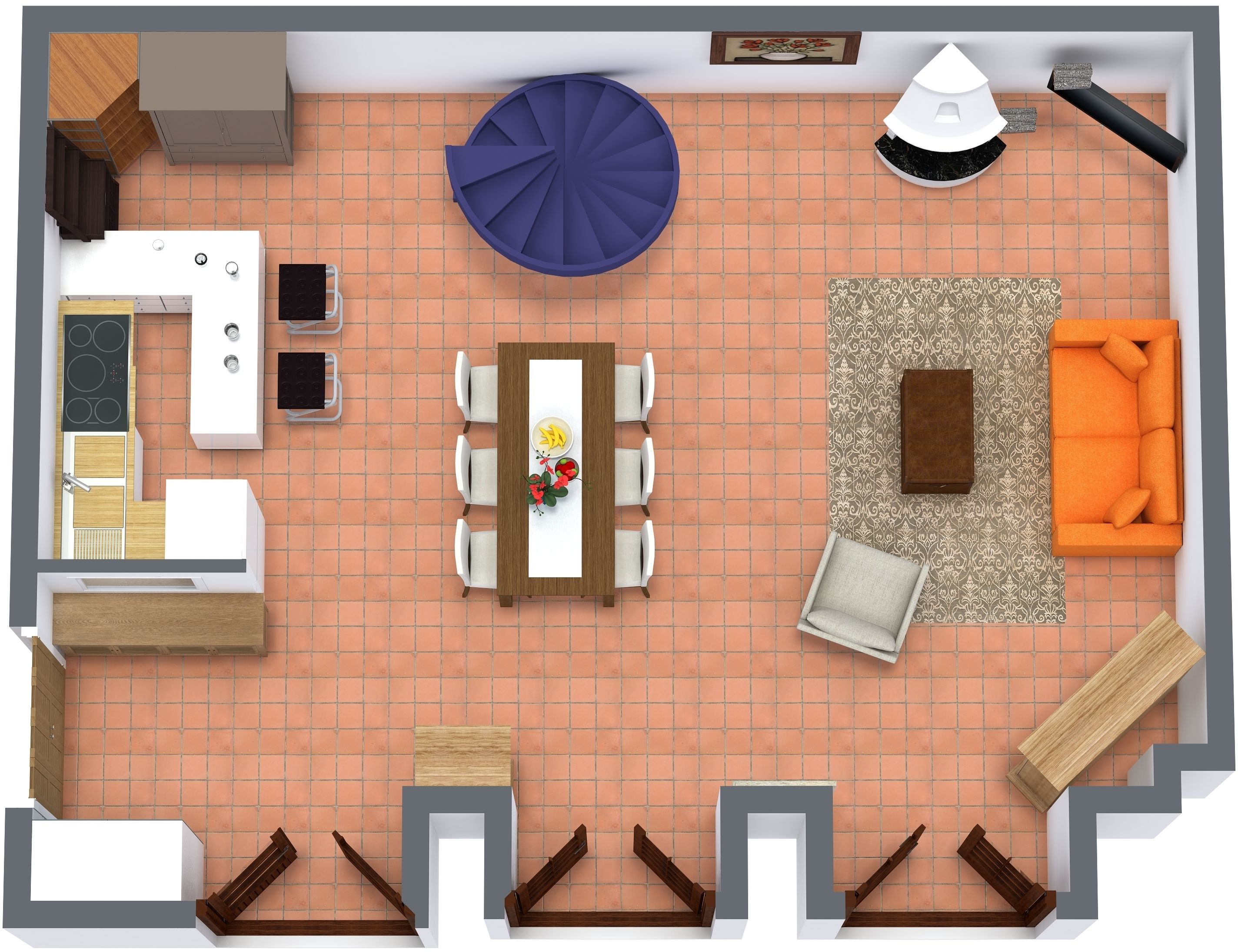 A top-down view of a modern apartment with a kitchen, dining area, living room, and a staircase.