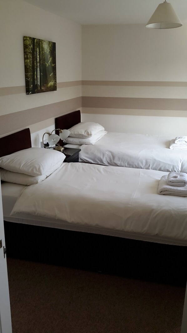 Habitación de hotel con dos camas, cabecero, mesita de noche con lámpara y un cuadro en la pared.