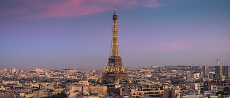 Une vue urbaine où la Tour Eiffel se détache au centre, entourée d’immeubles imposants.