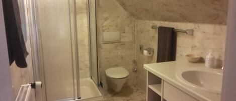 A bathroom with a glass-enclosed shower, a toilet, and a sink with a mirror.