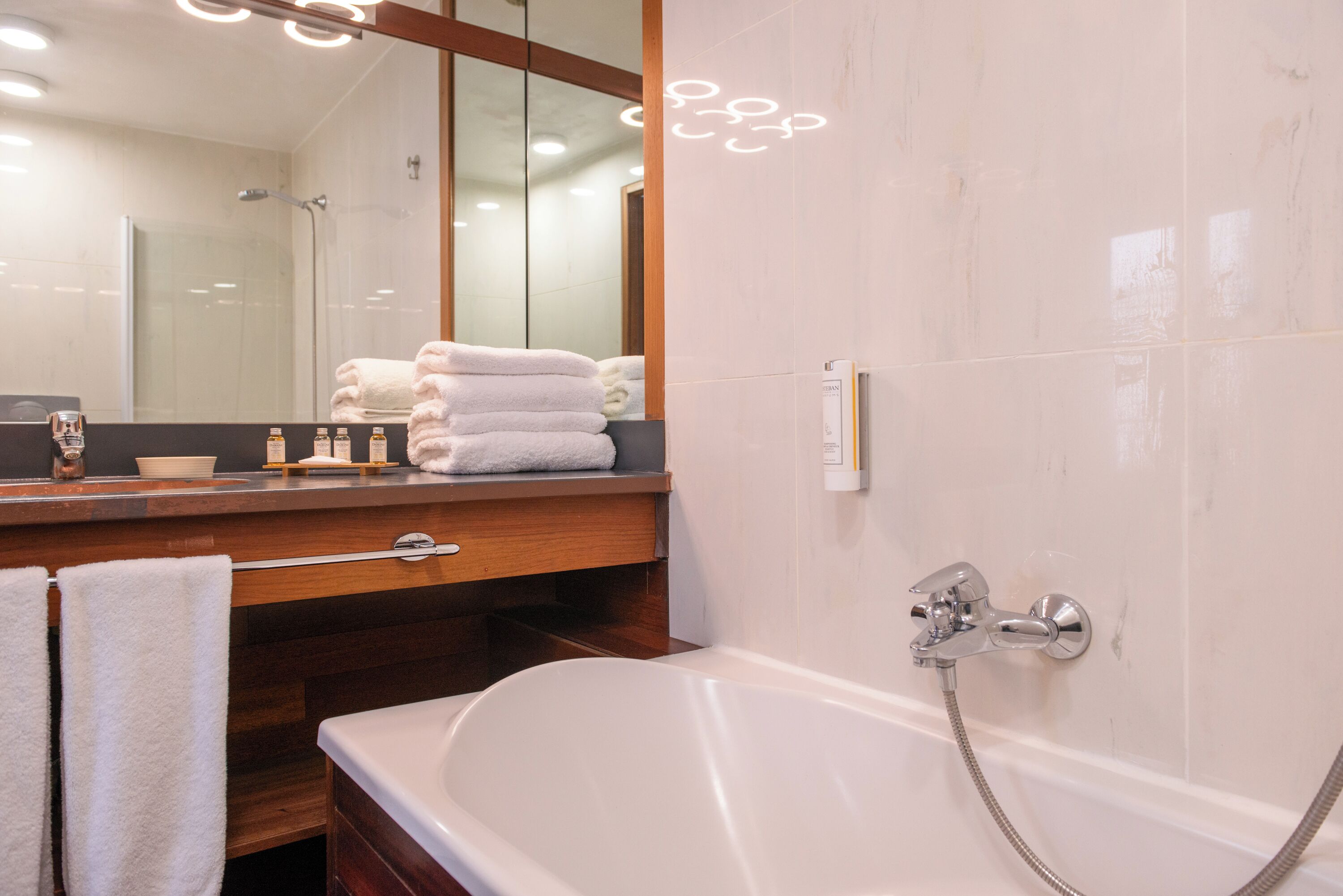 bathtub, free toiletries, hair dryer, towels