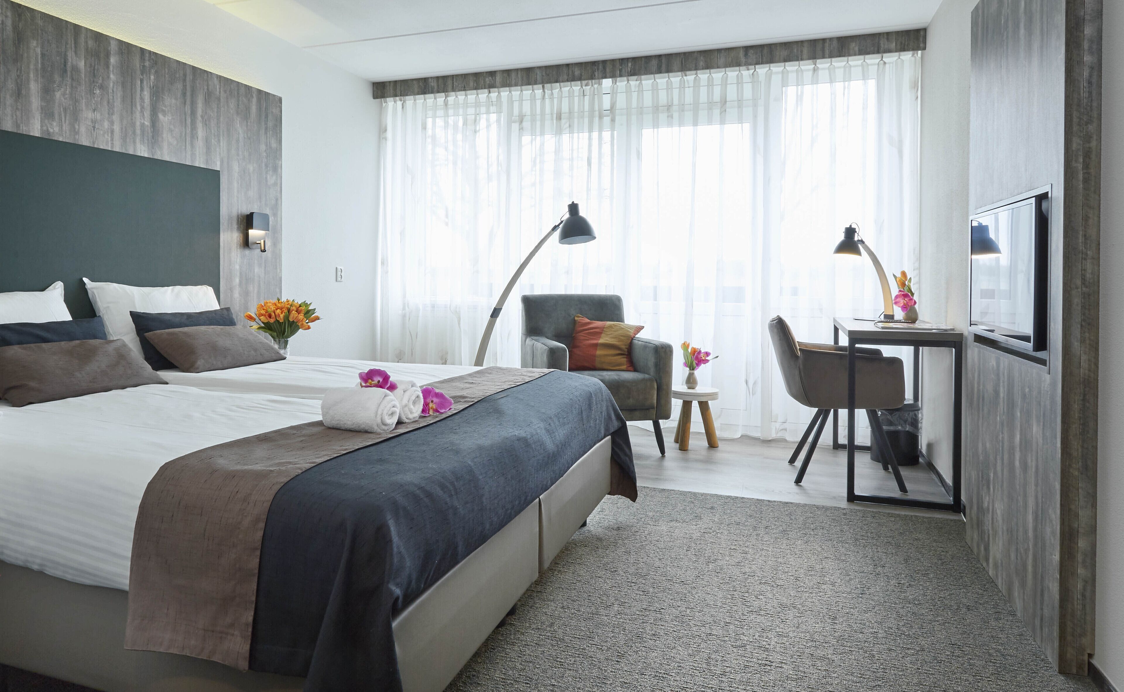 Hypo-allergenic bedding, blackout drapes, soundproofing