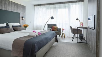 Hypo-allergenic bedding, blackout drapes, soundproofing