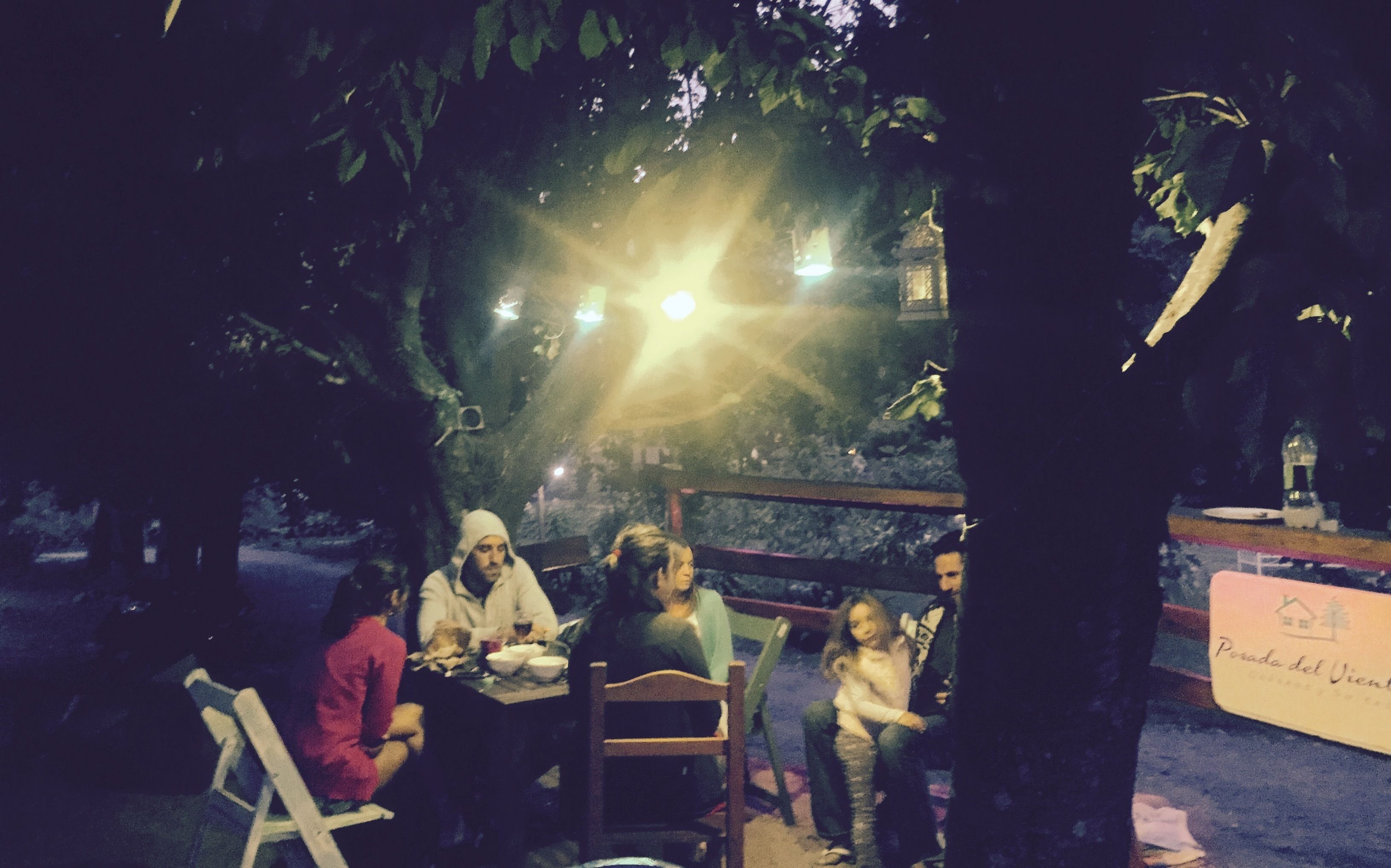 A group of people seated under a tree with a bright light source above, possibly a lantern or decorative light, in an outdoor setting.