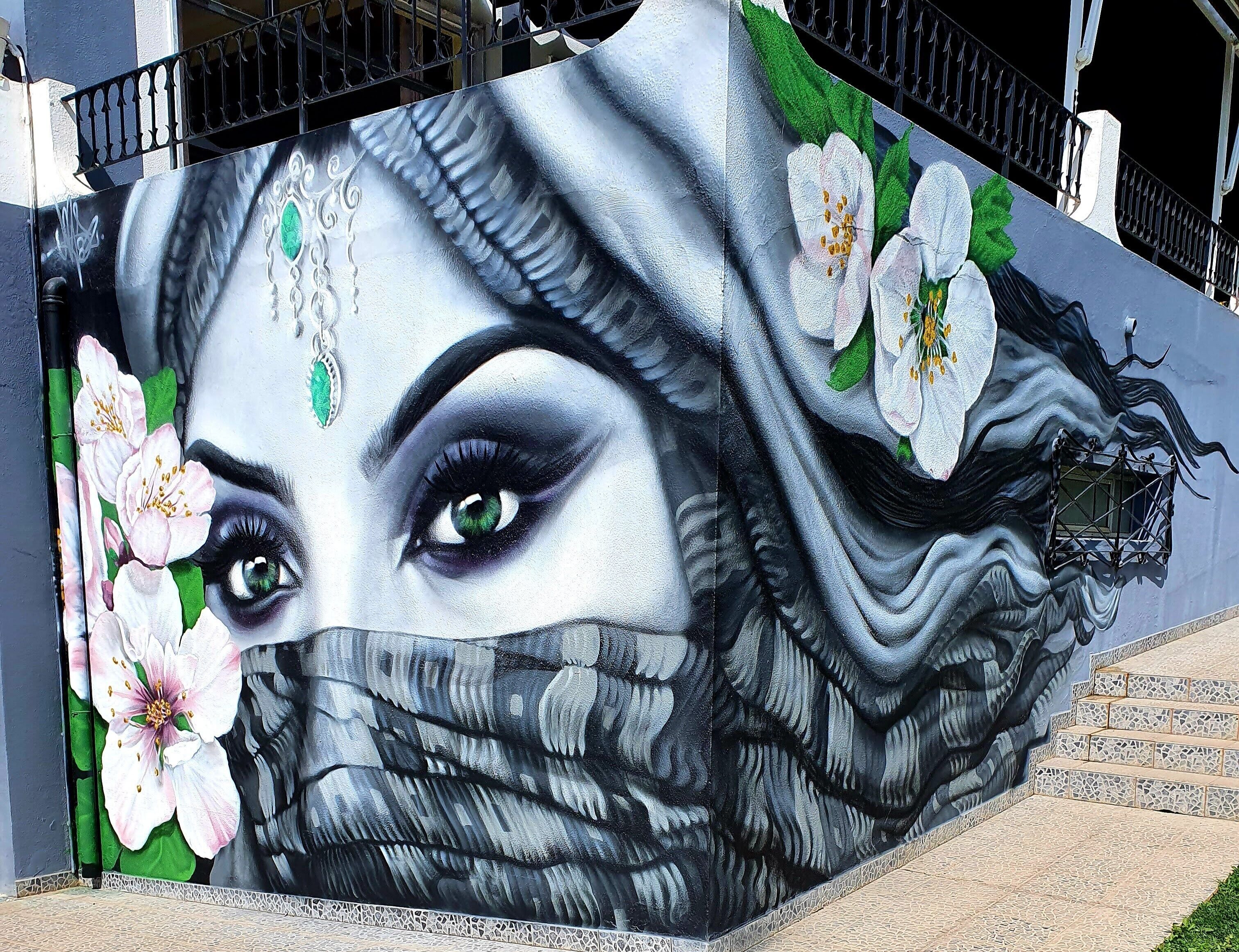 A mural with floral and abstract designs on a building facade.