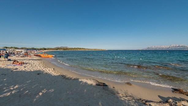 A beach with clear blue water, sandy shore, and a distant mountain range. - AffittaSardegna - Ruinas Apartments (Olbia)
