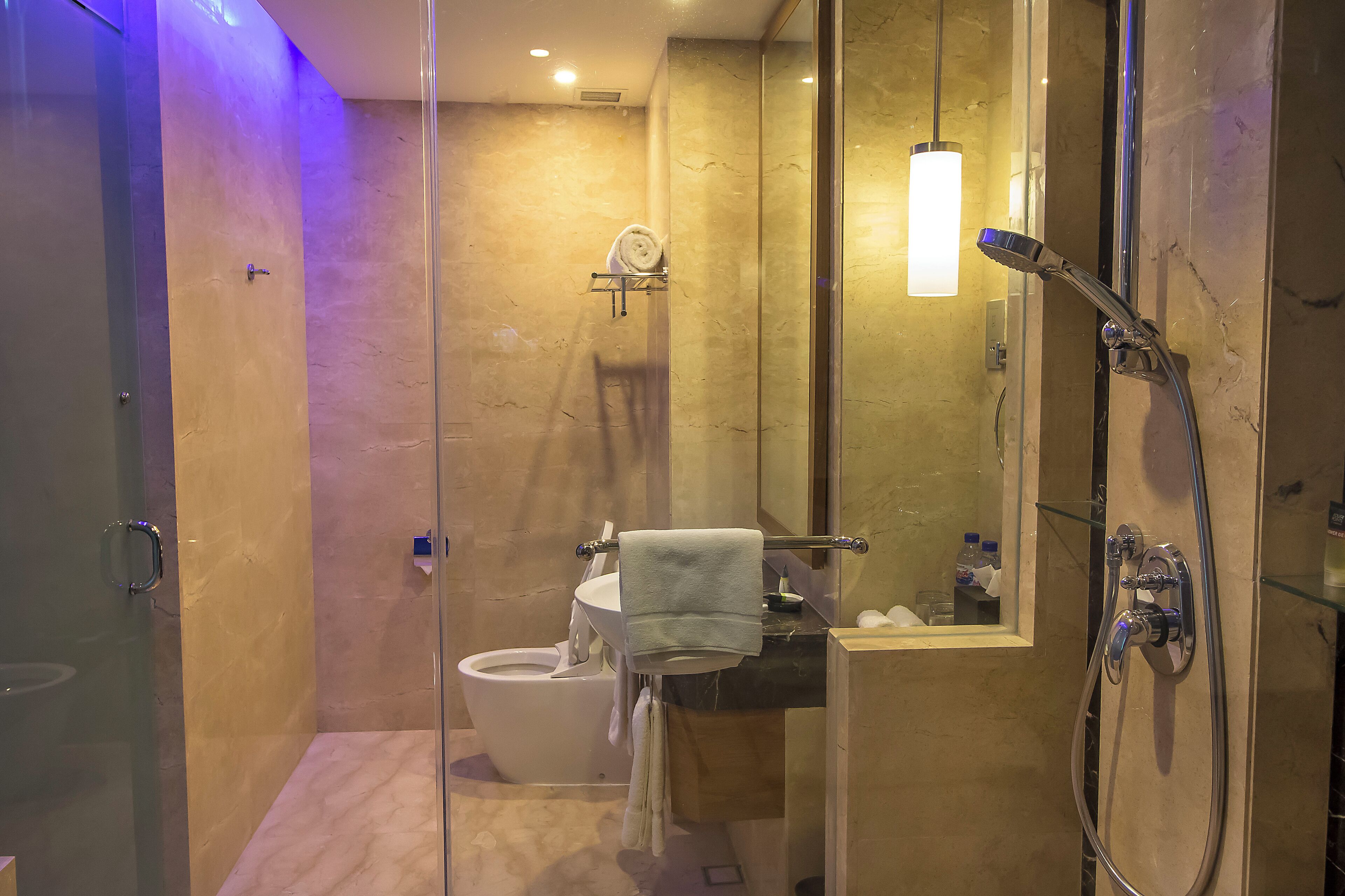 A modern bathroom with a glass-enclosed shower, a toilet, and a sink.