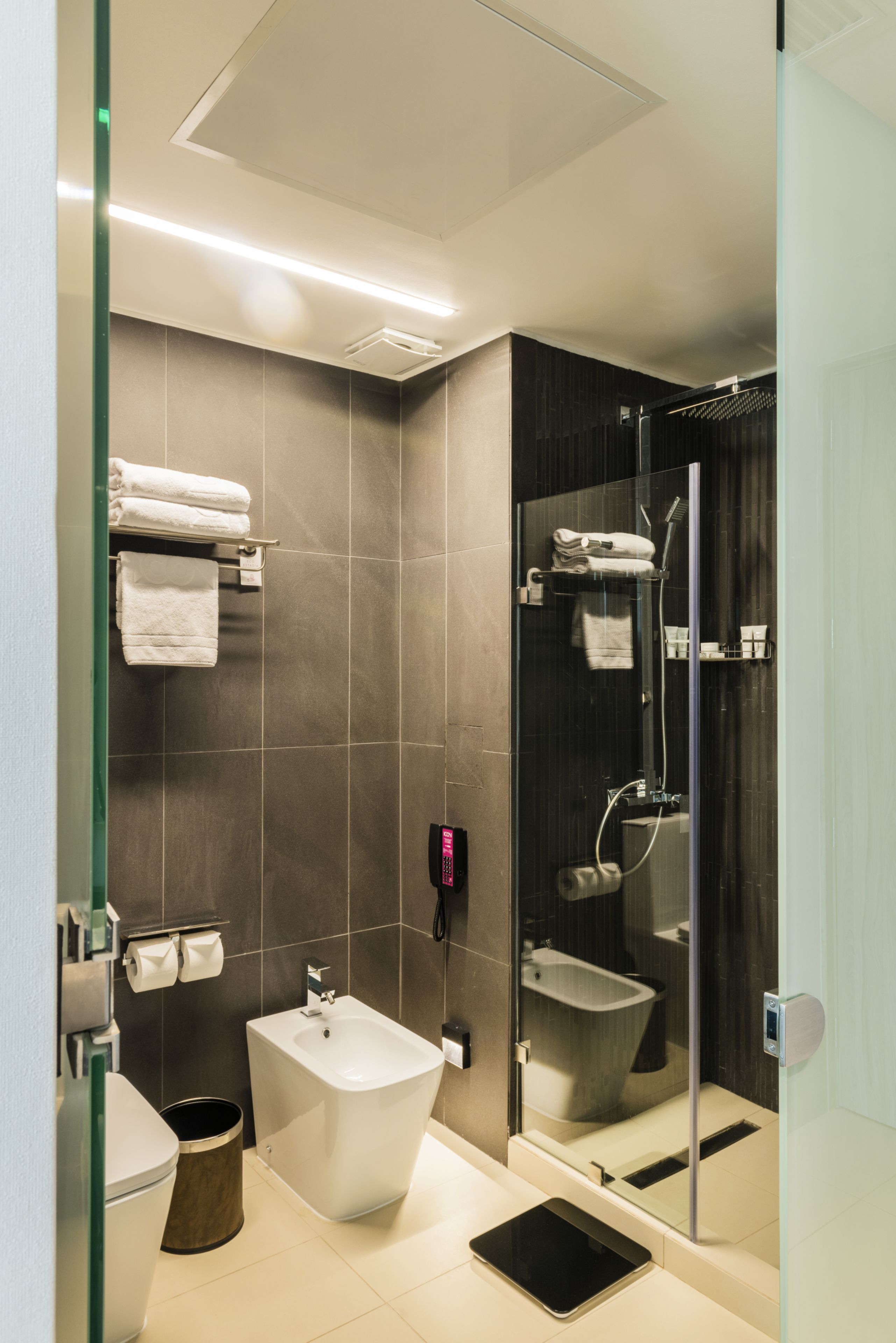 Une salle de bain moderne avec une douche à parois de verre, une baignoire sur pieds et des toilettes.