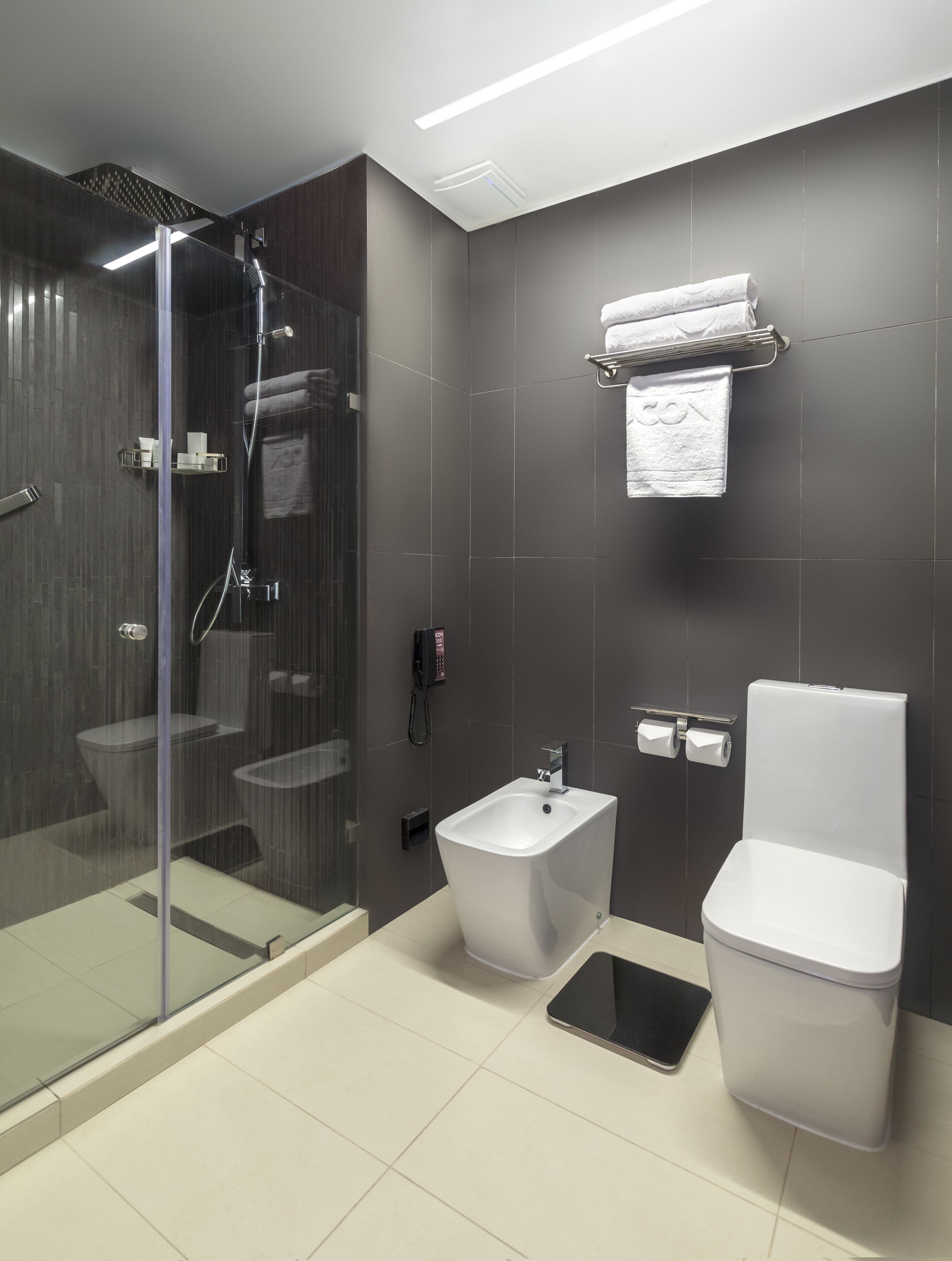A modern bathroom with a glass-enclosed shower, a bidet, and a toilet.