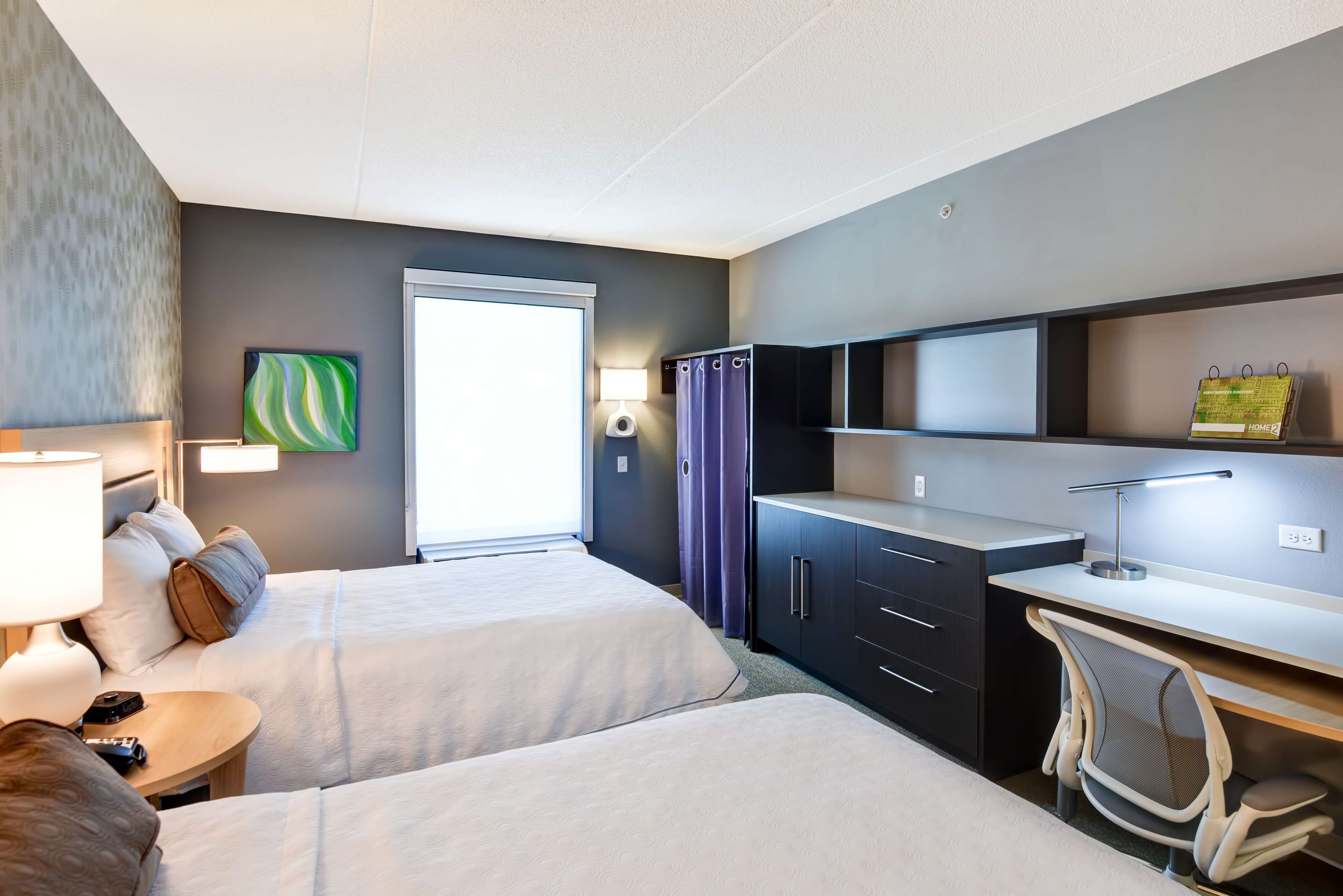 desk, laptop workspace, blackout curtains, iron/ironing board