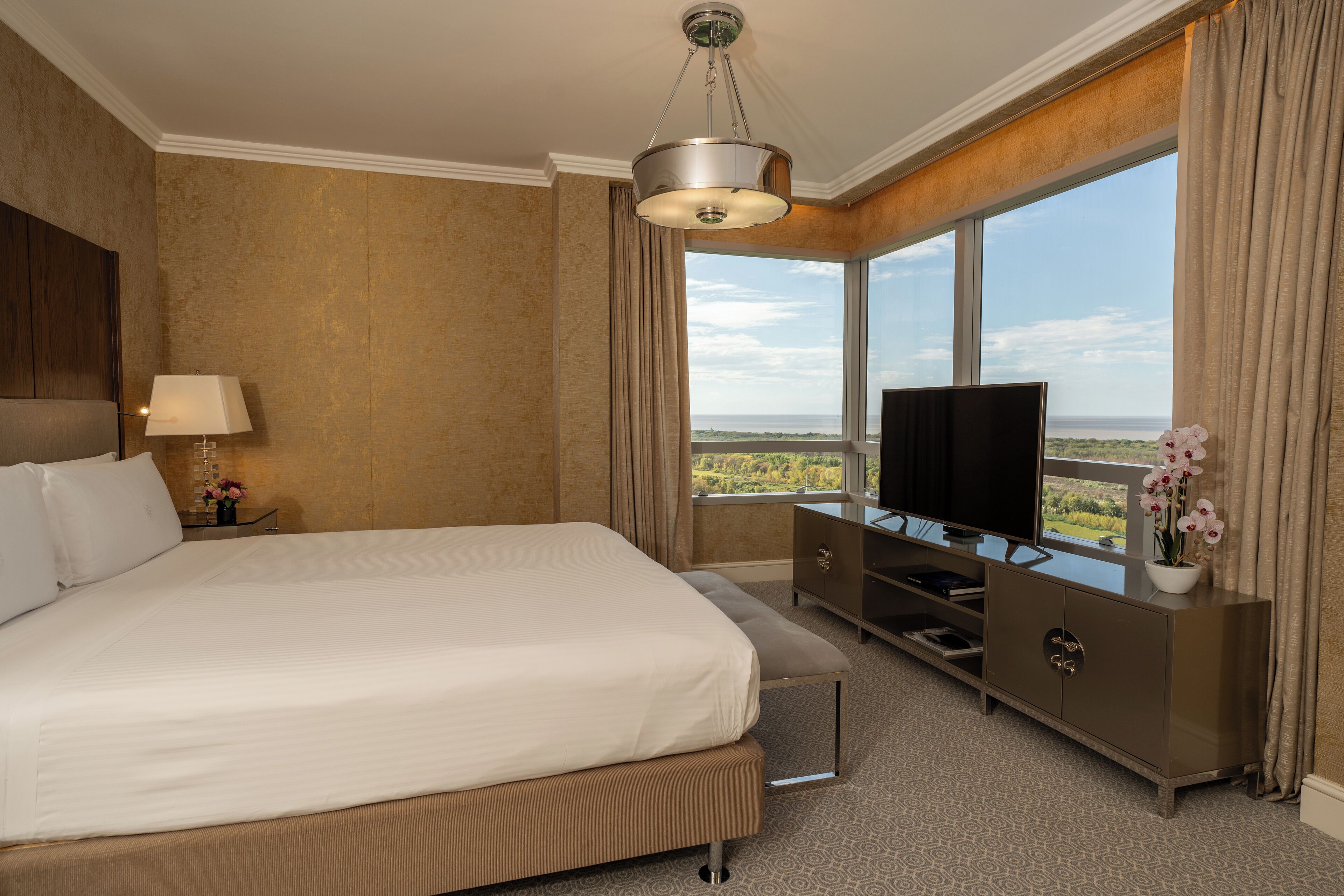 A hotel room with a large bed, a television, a dresser, and a view of the outdoors.