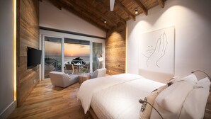 Un dormitorio moderno con una cama grande, un televisor de pantalla plana, techo de madera y vista al atardecer a través de una puerta corredera.