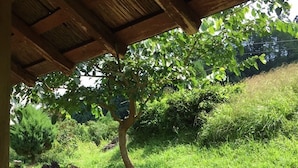 Una pérgola de madera con vistas a un exuberante jardín verde, un árbol y un objeto rosa sobre una roca.