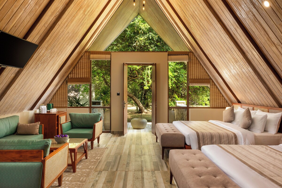 A high-ceilinged room with a sloped roof, a sofa, a bed, a television, and a view of greenery outside.