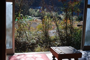 Blick durch ein Fenster, im Vordergrund ein Tisch mit einem Holz-Brettspiel.