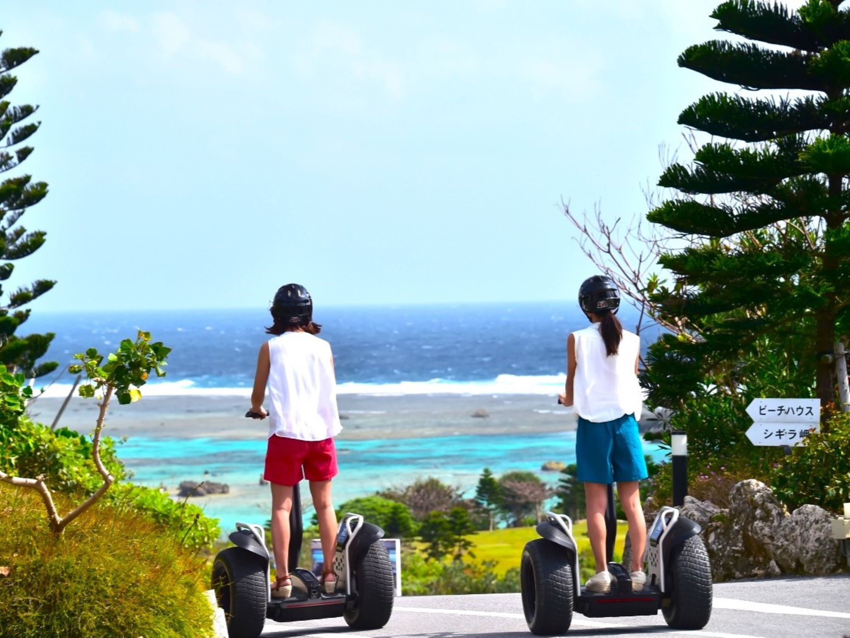 Two people on segways overlooking a coastal view.