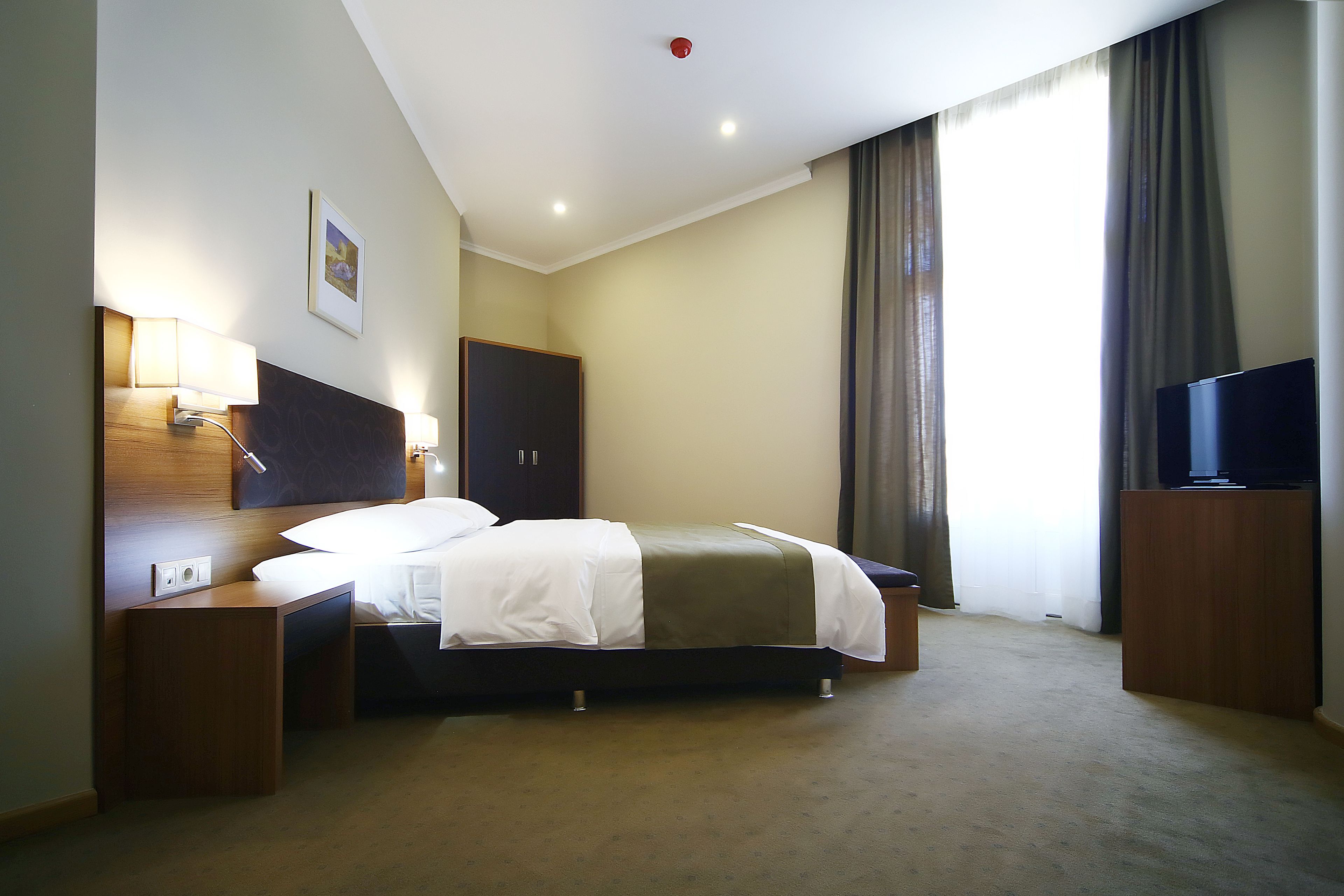 Habitación de hotel con cama, mesitas de noche, televisión, armario y ventana con cortinas.