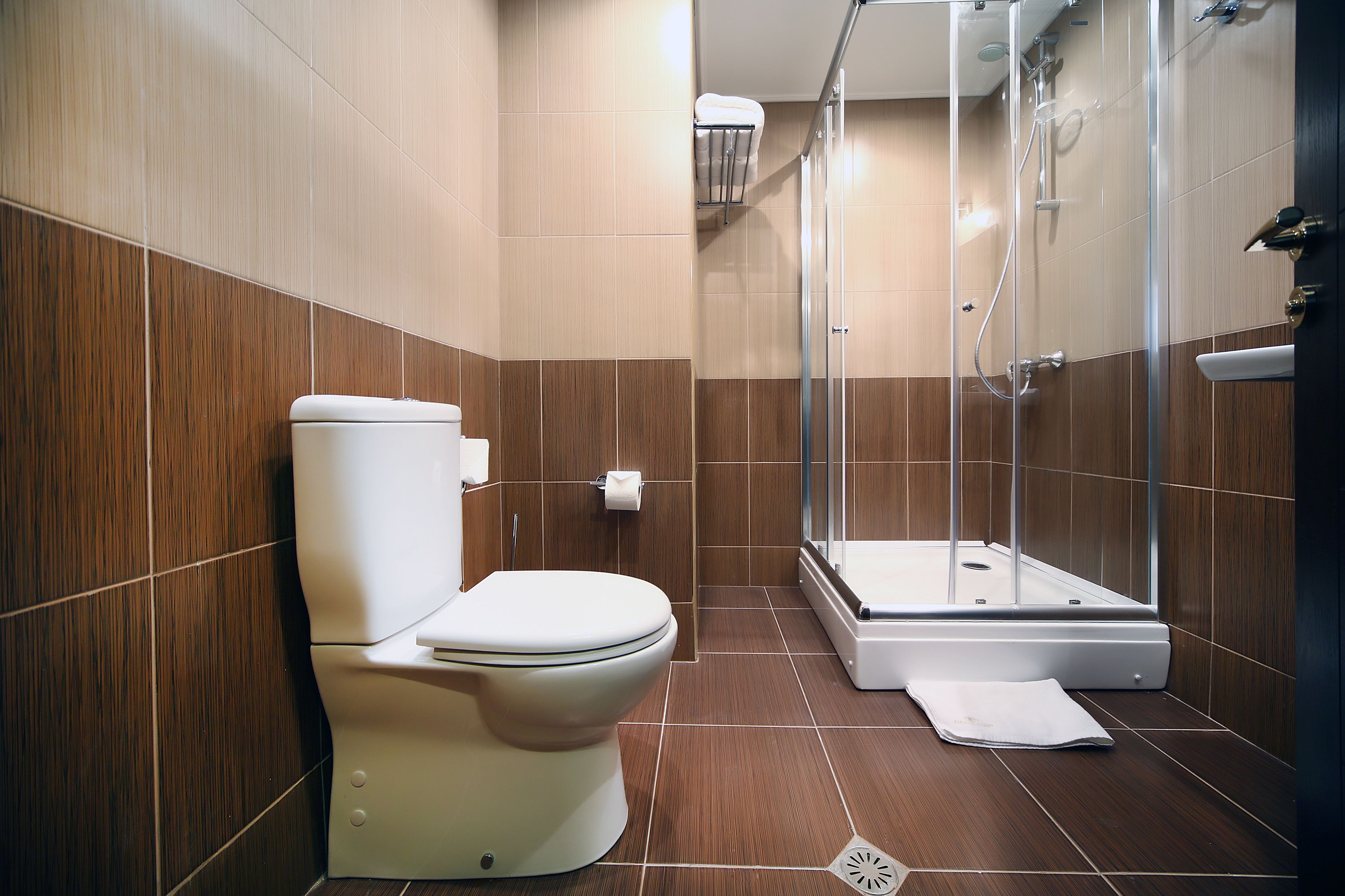 A modern bathroom with a toilet, shower, and a glass-enclosed shower stall.