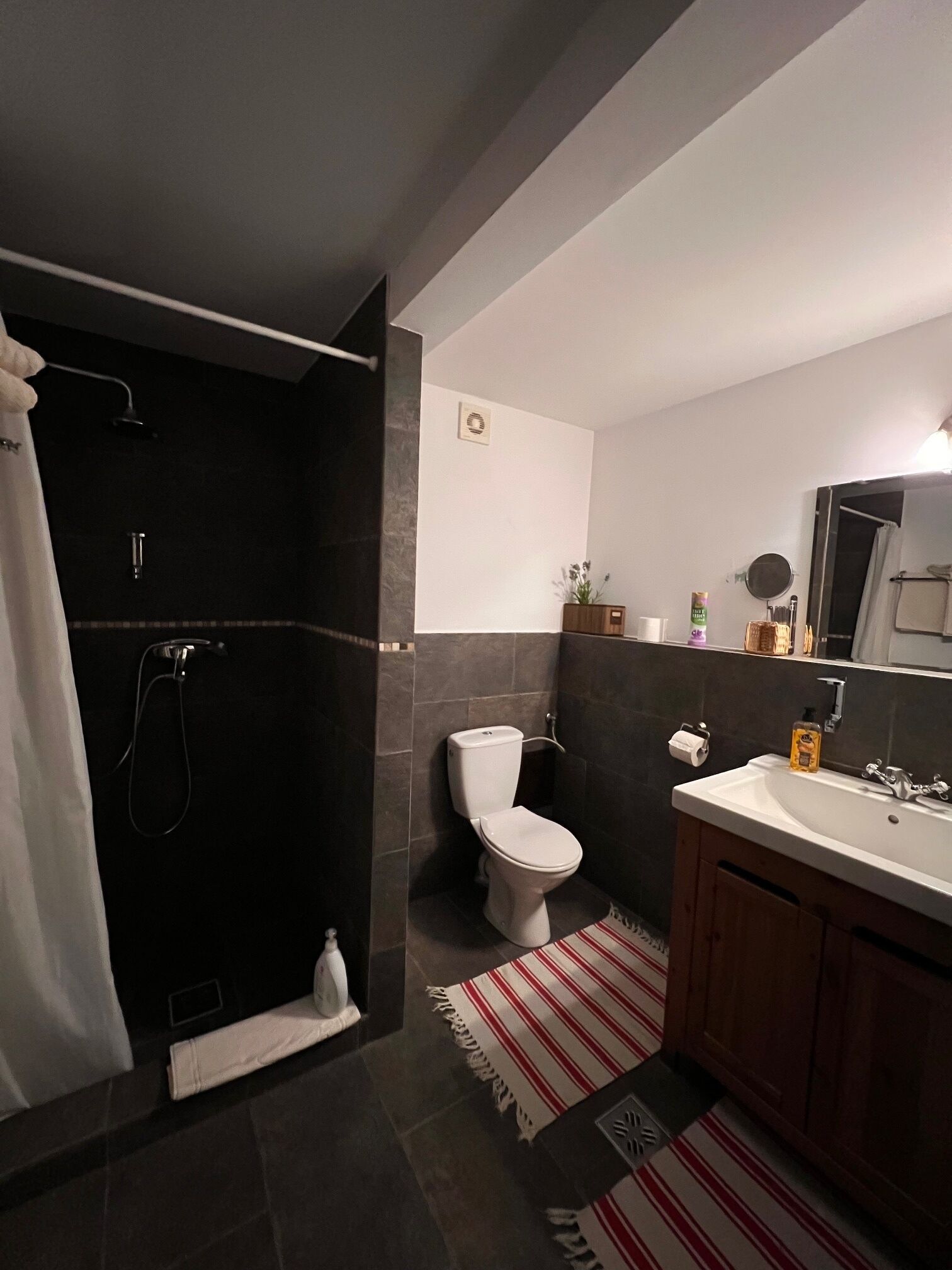 A modern bathroom with a shower, toilet, and sink.