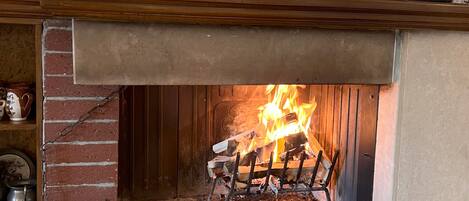 A fireplace with a fire, a decorative panel above it, and a vase with flowers on the mantel.