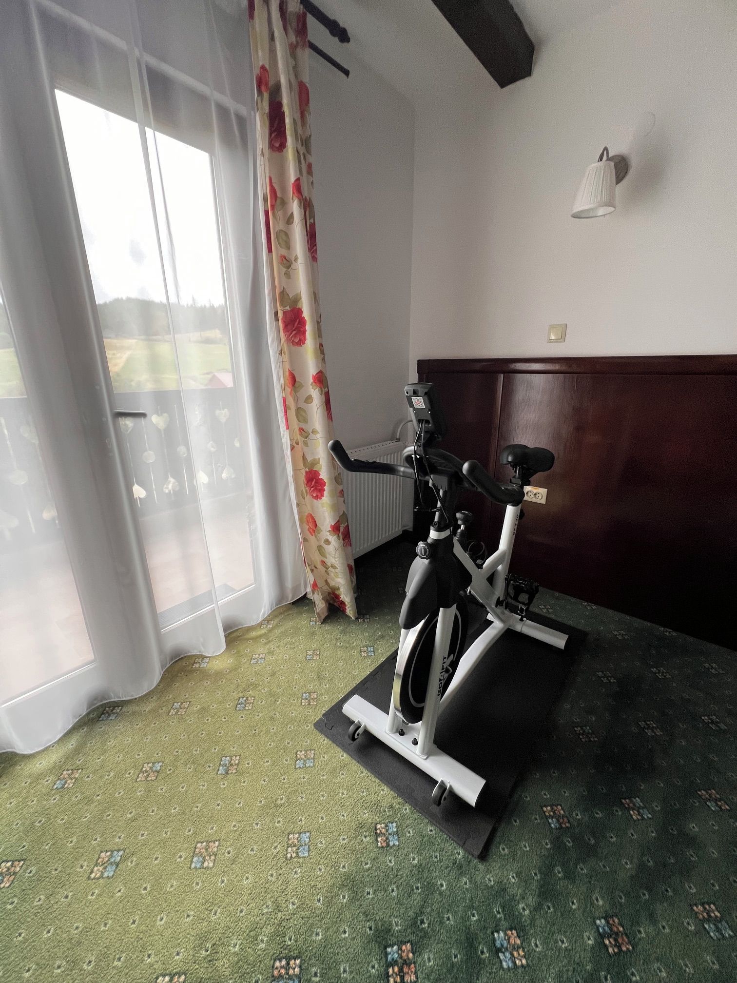Una habitación con una bicicleta estática, un ventanal con cortinas traslúcidas y una alfombra estampada.