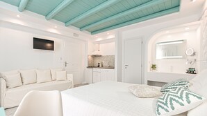 Un dormitorio con una cama grande, un sofá, televisión, baño y una zona de cocina.