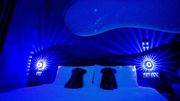 Una habitación con techo estrellado, paredes curvas y una cama con un osito de peluche.