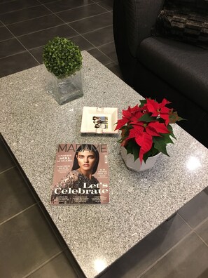 Eine Zeitschrift auf einem Tisch mit Couchtisch, einer kleinen Topfpflanze und einer größeren Topfpflanze mit roten Blüten.