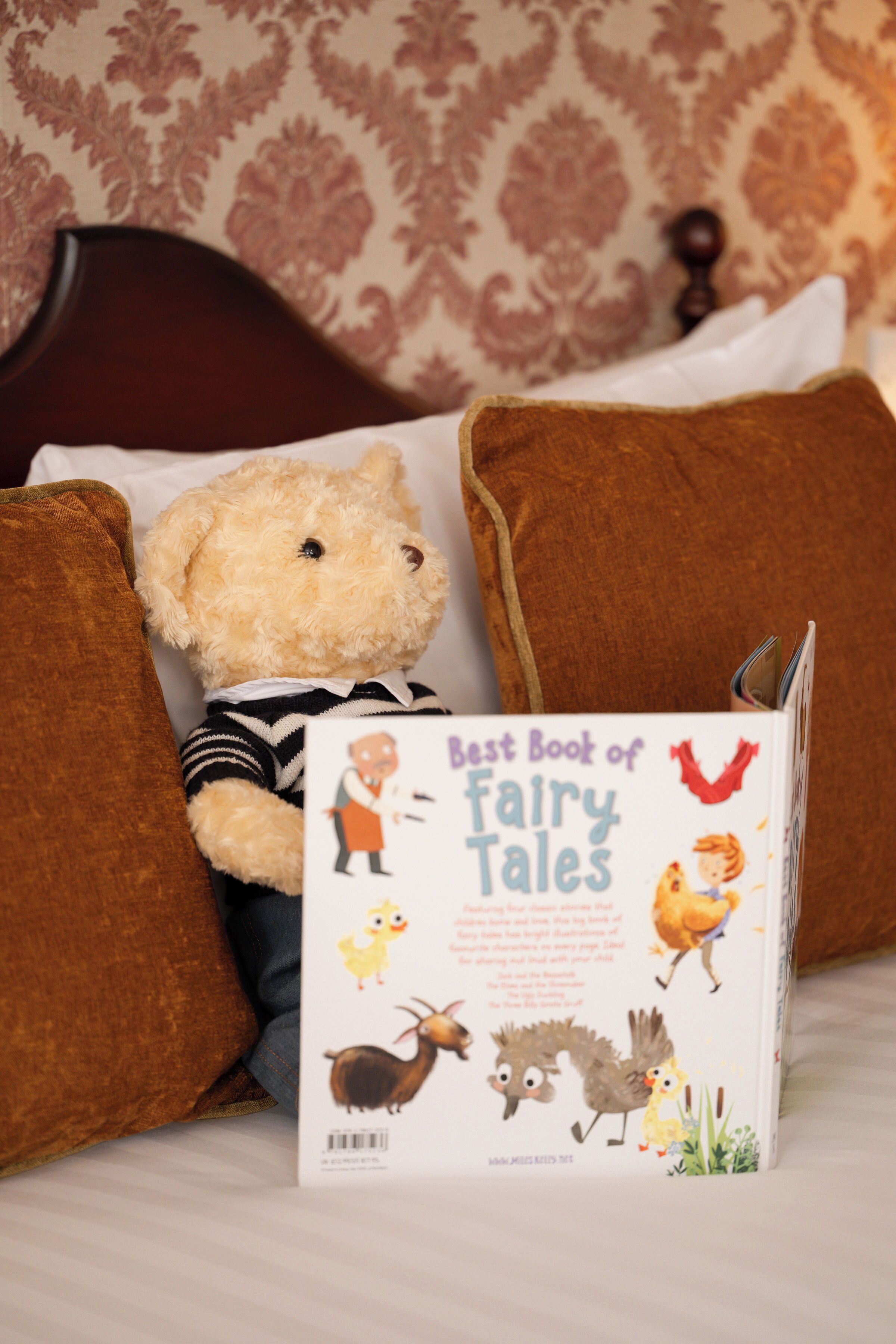 A teddy bear with a book titled "Best Book of Fairy Tales" on a bed with brown pillows and a patterned wall in the background.