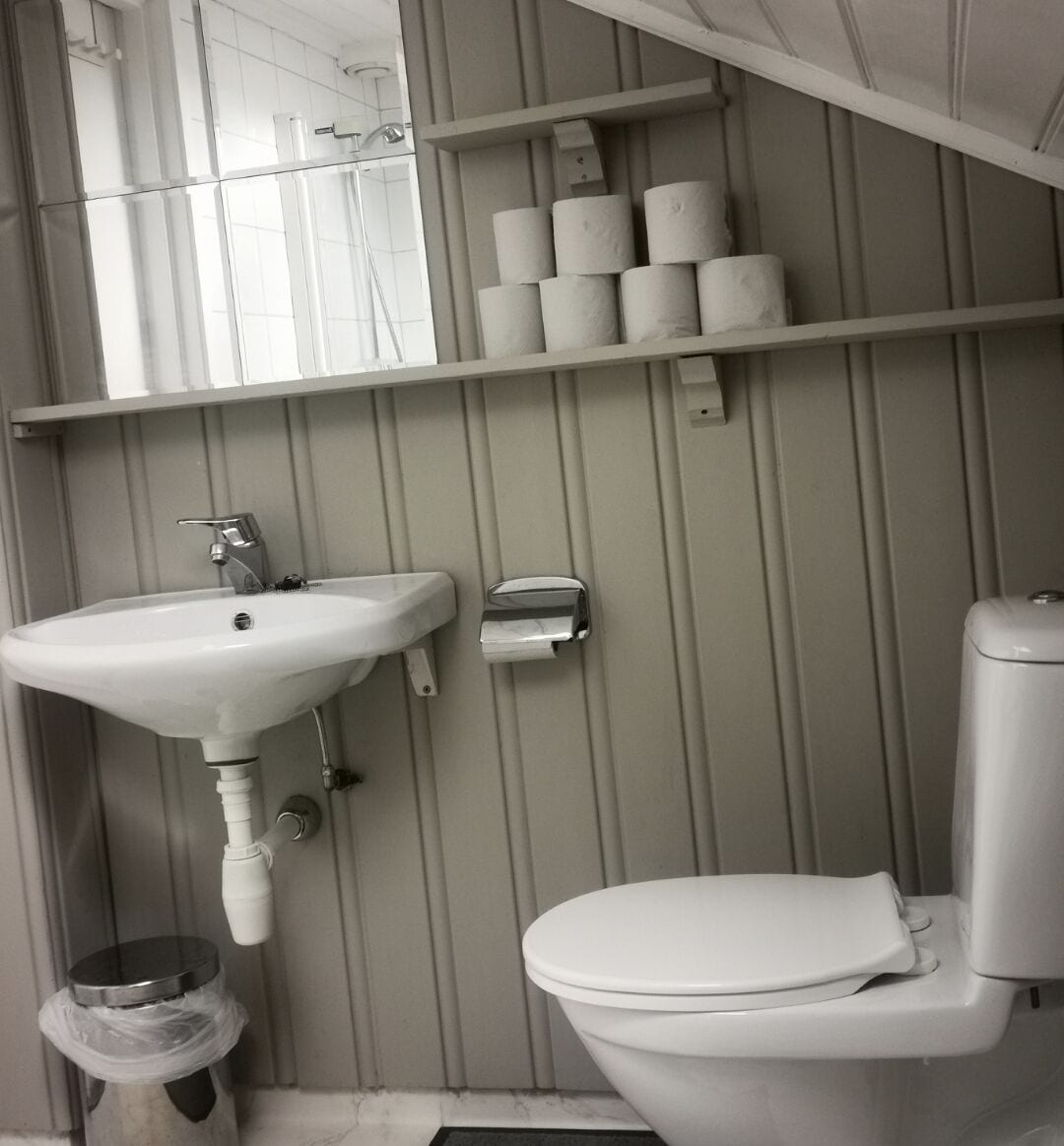 A bathroom with a white sink, toilet, and shelves with toilet paper.