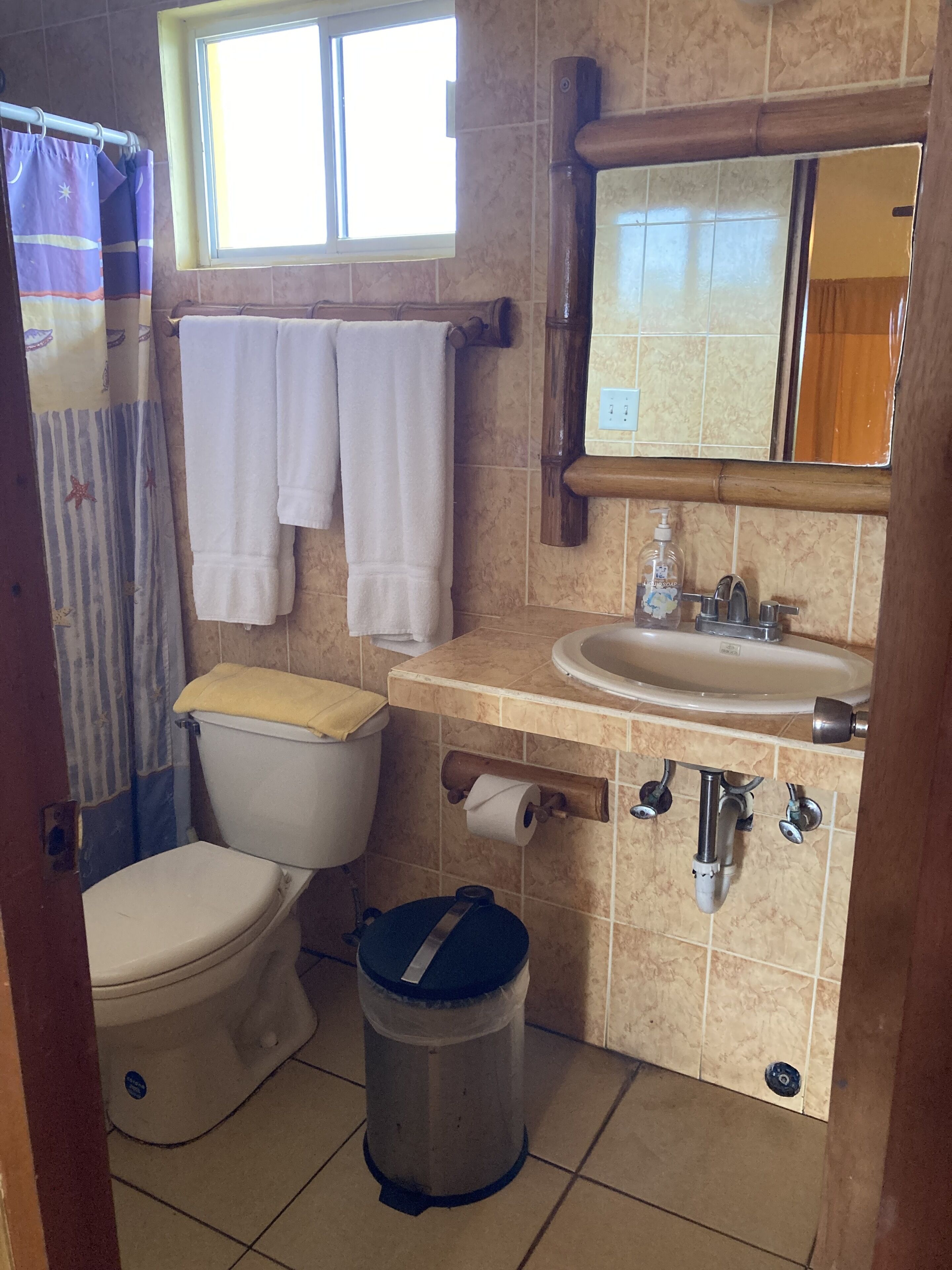 family room | bathroom | shower, free toiletries, hair dryer, towels