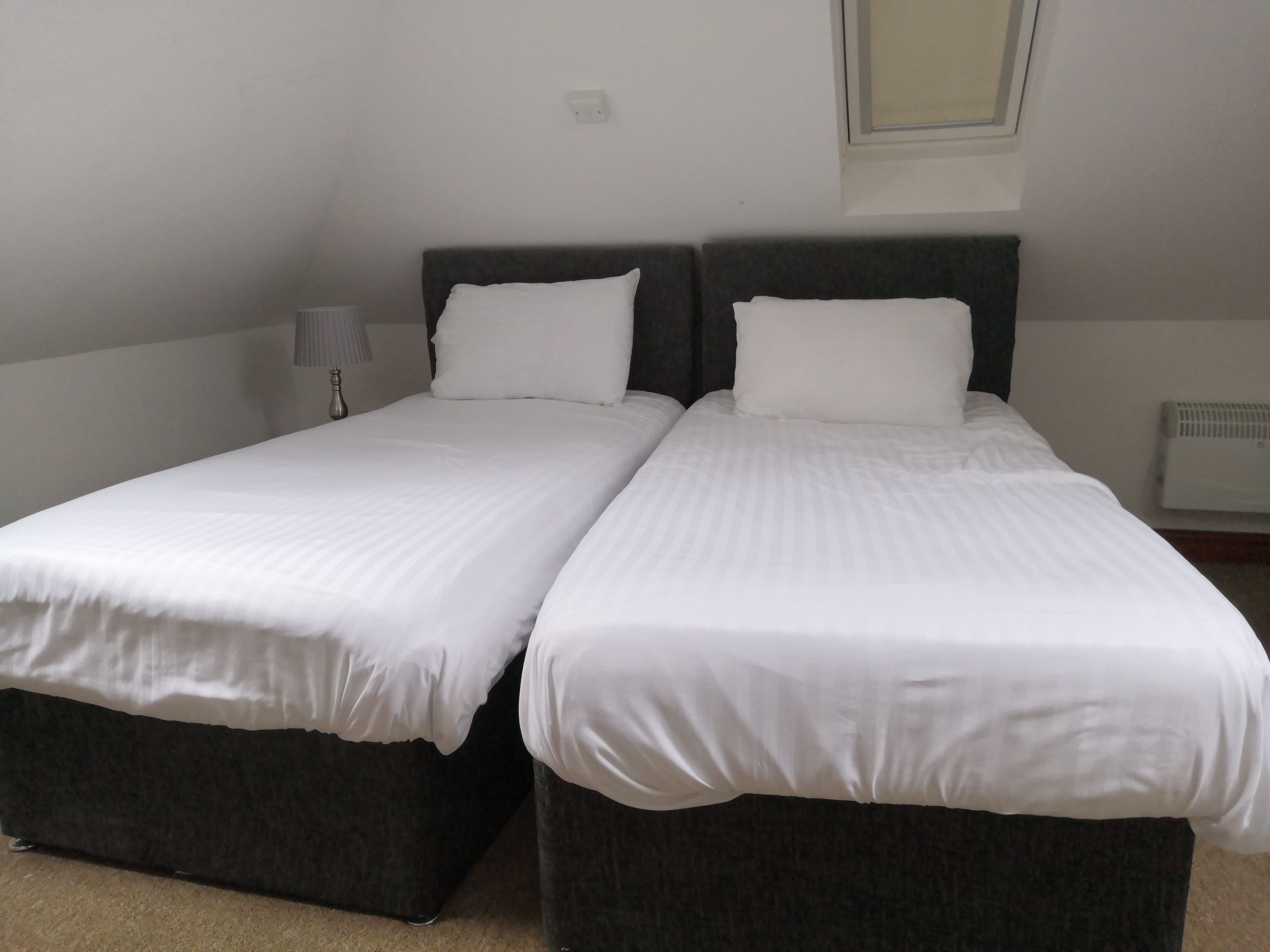 A double bed with white bedding in a room with a dark headboard and a small bedside table with a lamp.