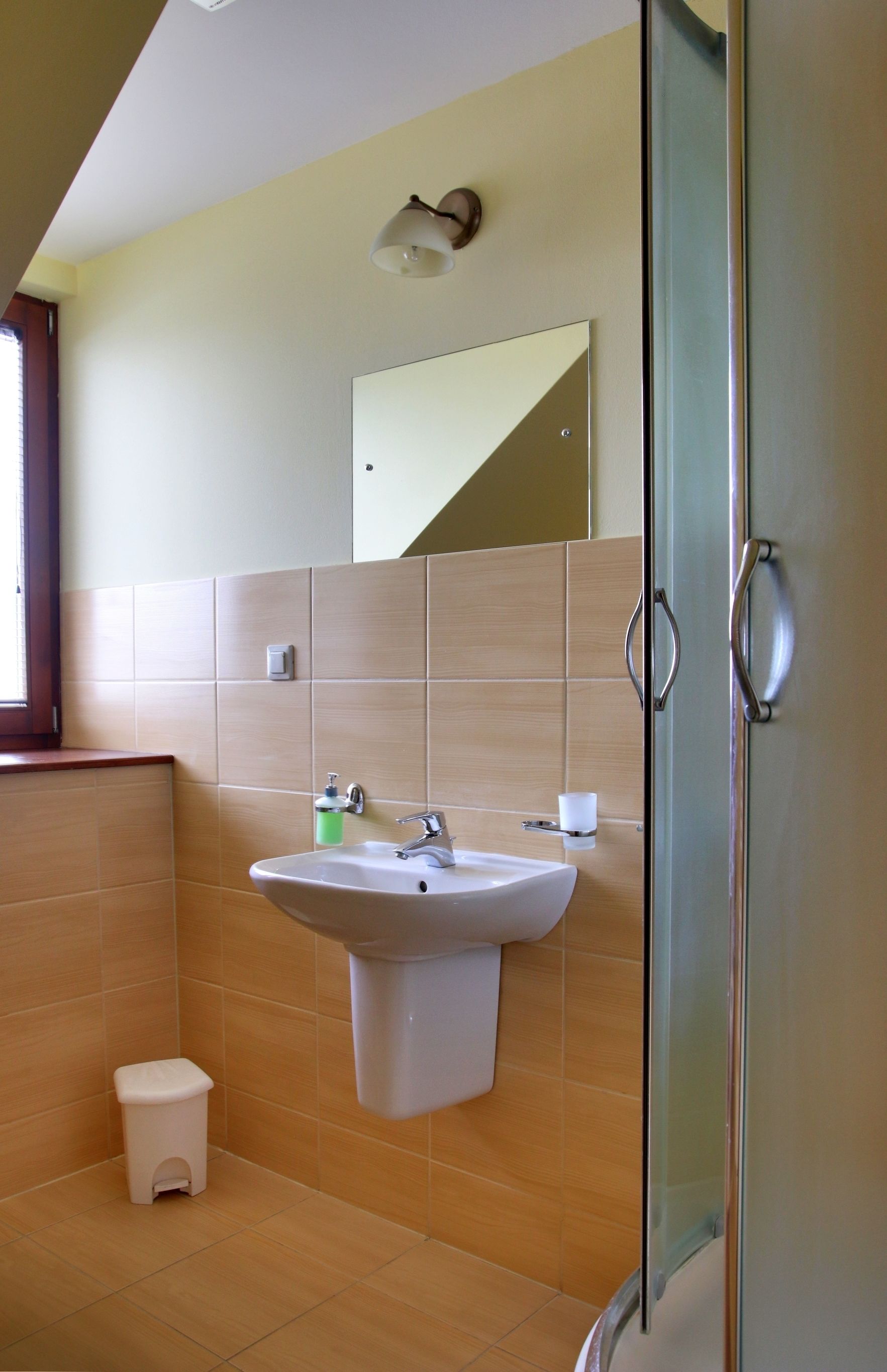 Une salle de bain avec un lavabo, un miroir et une porte de douche en verre.