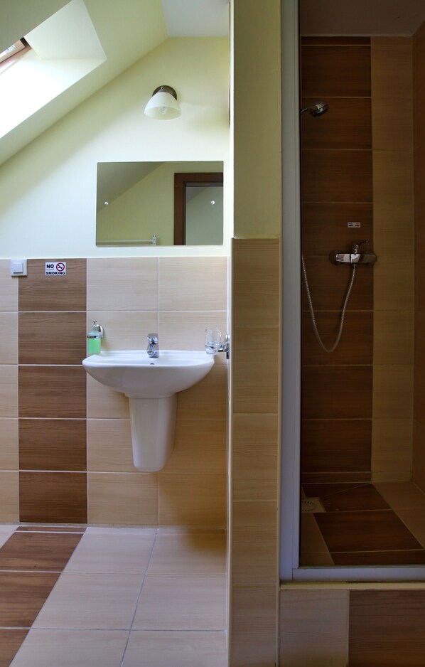 Un baño con lavamanos, ducha y un cartel de 'No Smoking'.