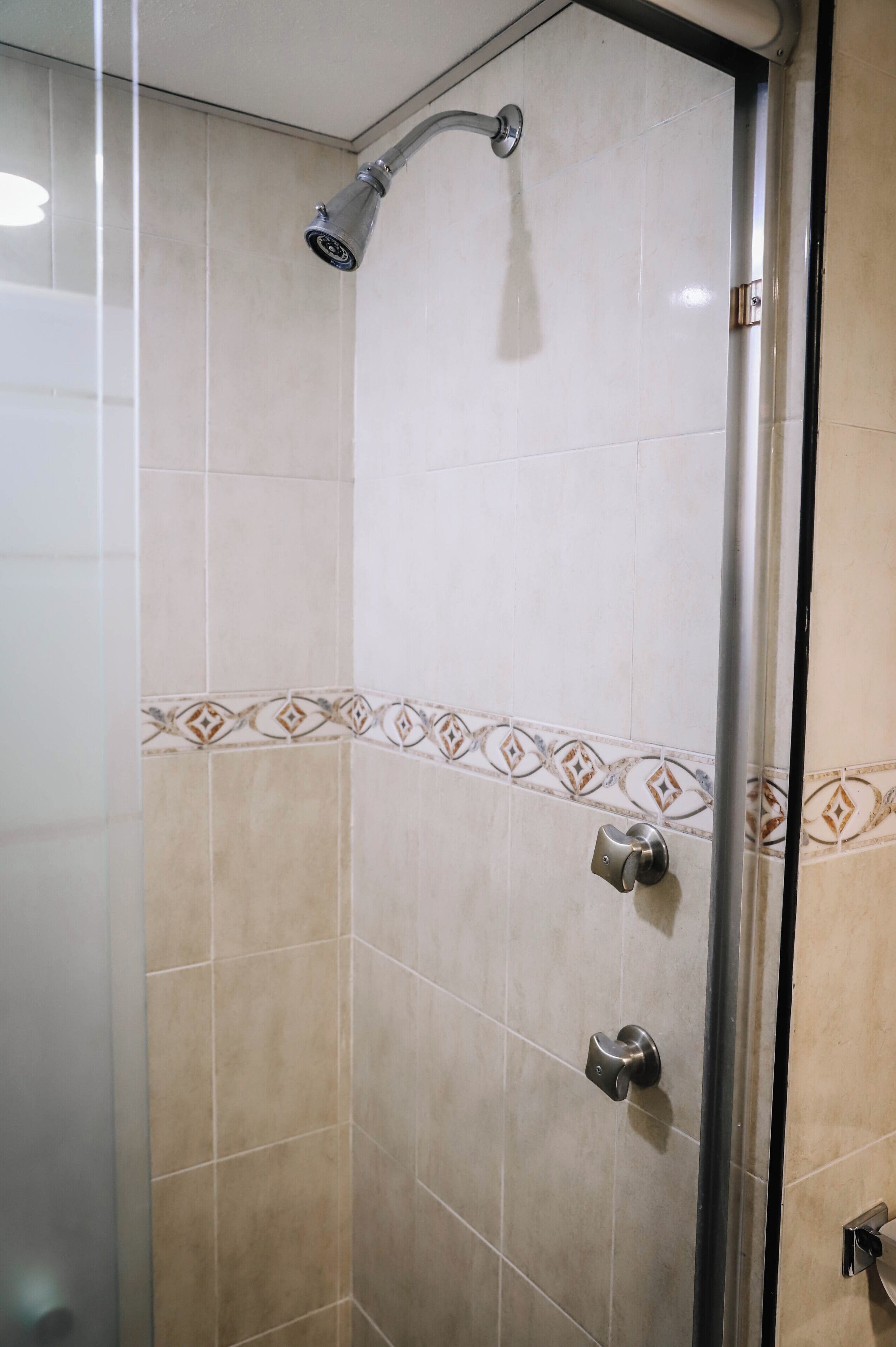 A shower with a curved showerhead, a glass door, and a tiled wall with a decorative border.