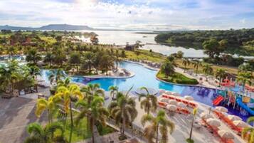 Indoor pool, outdoor pool, pool umbrellas, sun loungers