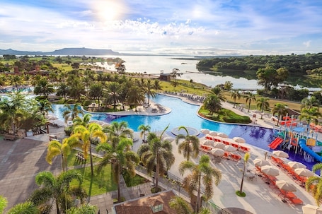 Indoor pool, outdoor pool, pool umbrellas, sun loungers
