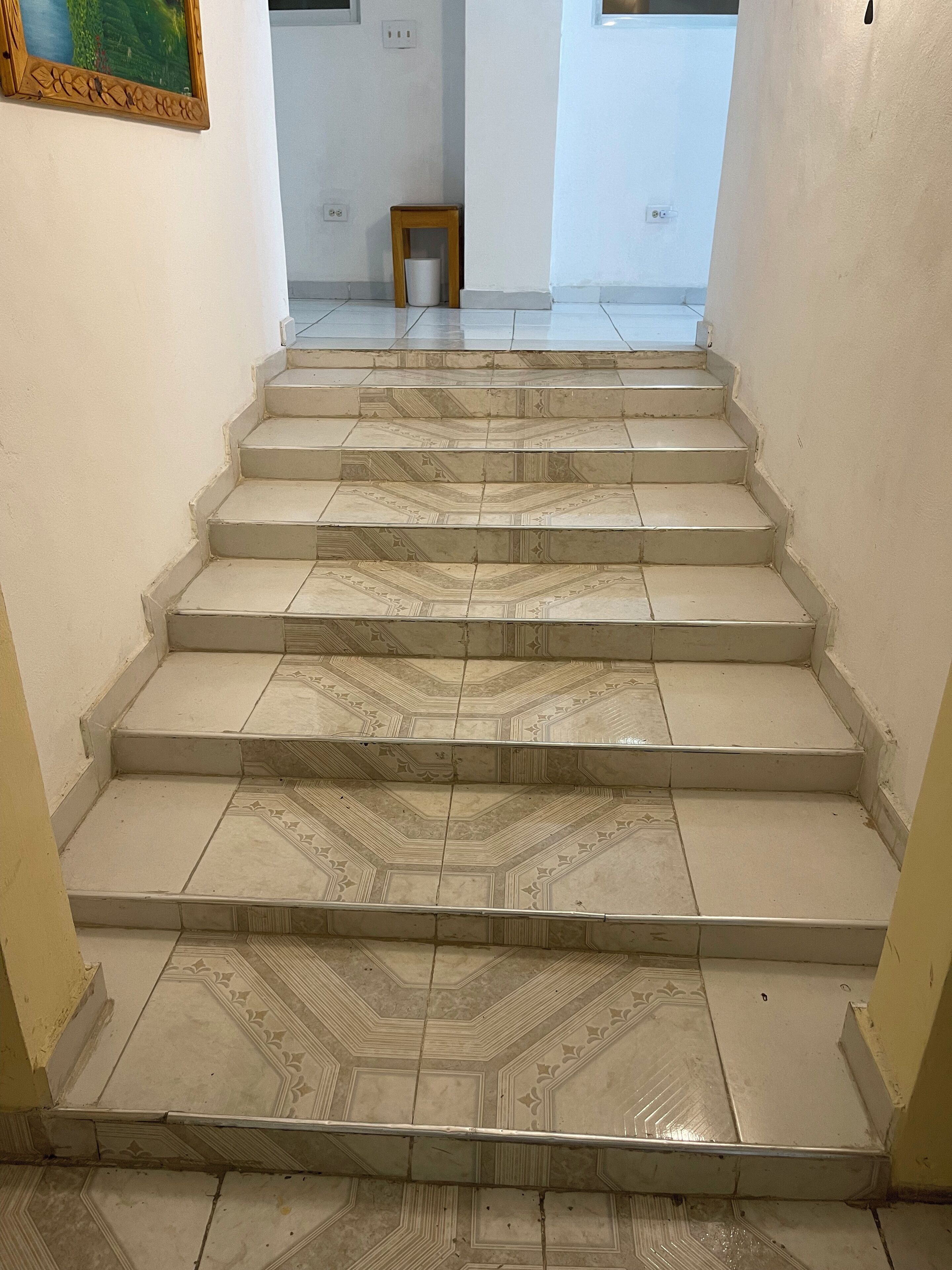 A staircase with patterned tiles leading to a landing.