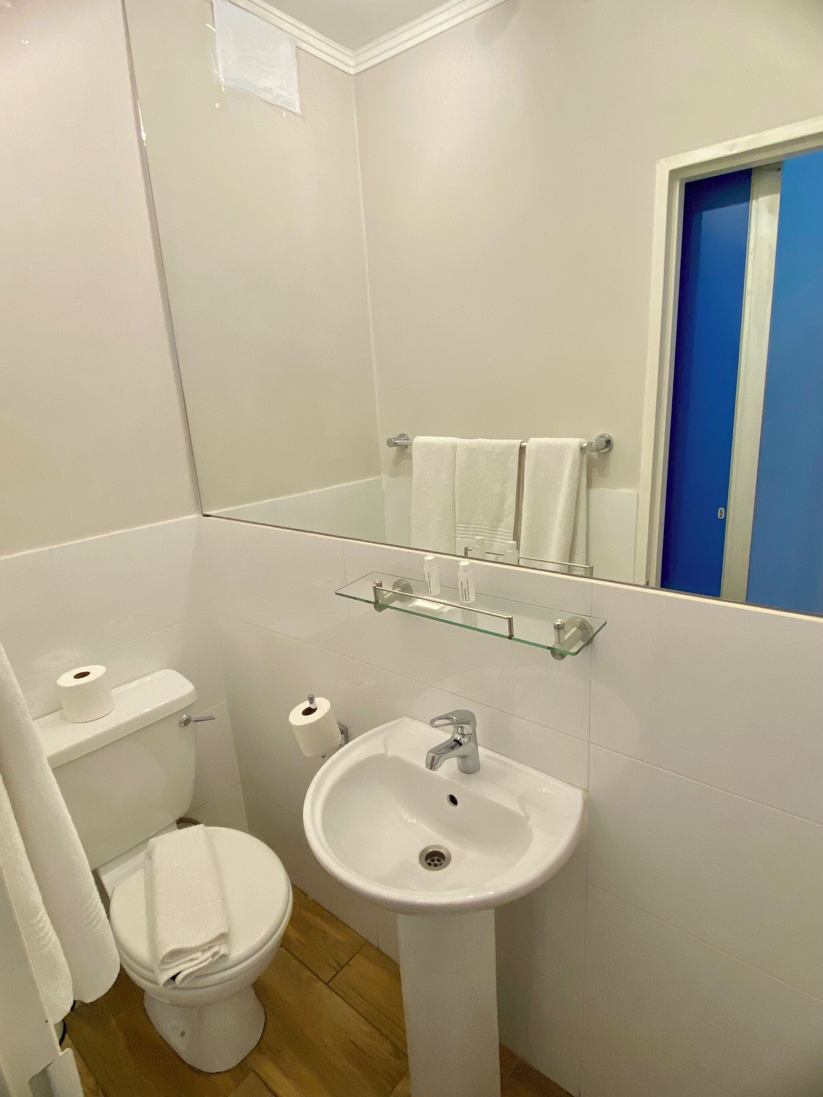 A small, clean bathroom with a toilet, sink, and mirror.