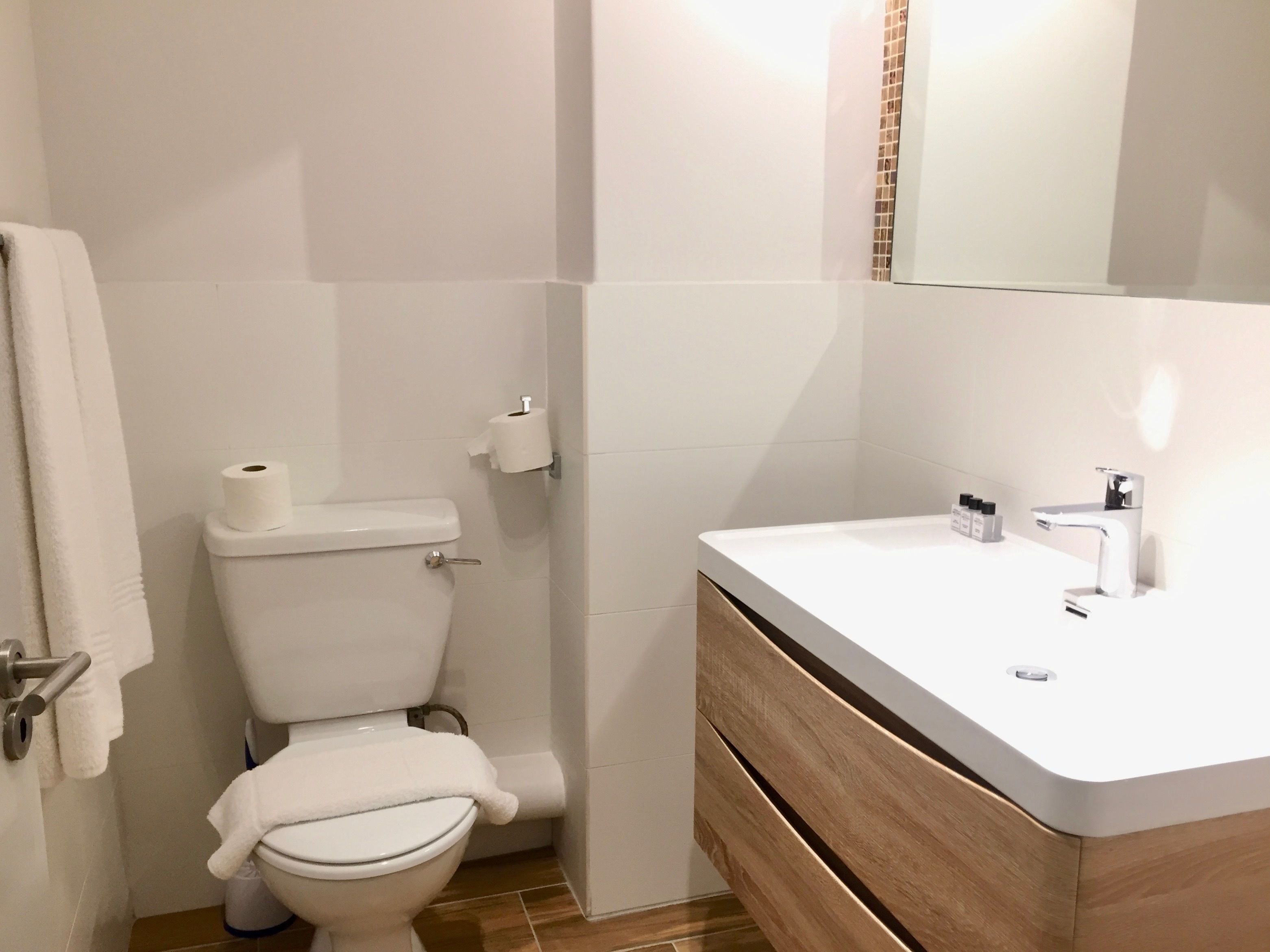 A bathroom with a toilet, a sink, and a mirror.