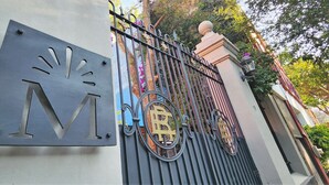 A gated entrance with a large 'M' sign, a decorative gate with a '¥' symbol, and a traditional lantern. - Casa Moctezuma (Mexico City)